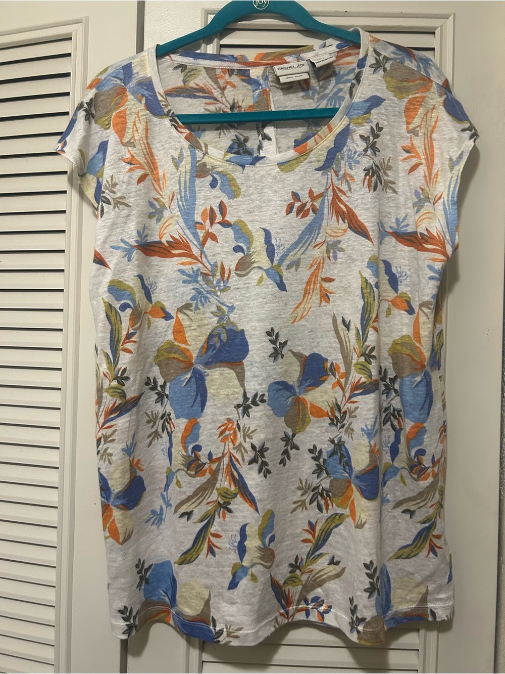 Rachel Zoe Tropical Floral Linen Blend Tee Top Button Back Lightweight LGR